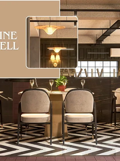 A great dining space is a blend of comfort and style. Here, the bold chevron flooring, comfortable seating, and layered lighting work together to create a sophisticated yet welcoming restaurant interior.