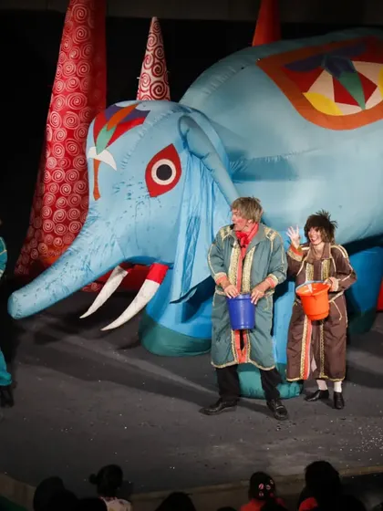 A giant inflatable elephant from Brazil's 'Air Giants Circus' delights the crowd. Our festival is a place for spectacle and wonder, featuring larger than life puppets that have to be seen to be believed.