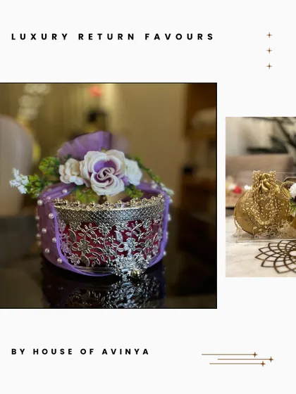 Another example of our diverse luxury return favours. This collage features an ornate purple and silver box, showcasing our ability to create gifts that are rich in detail and traditional in feel.