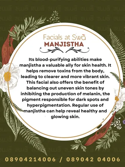 Our Manjistha facial helps reveal glowing skin by purifying from within. It removes toxins, balances uneven skin tones by inhibiting melanin production, and helps clear up dark spots and hyperpigmentation.