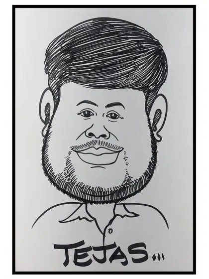 A close-up of a finished caricature from an event at the NESCO exhibition centre. The focus is on creating a fun, recognizable, and exaggerated portrait.