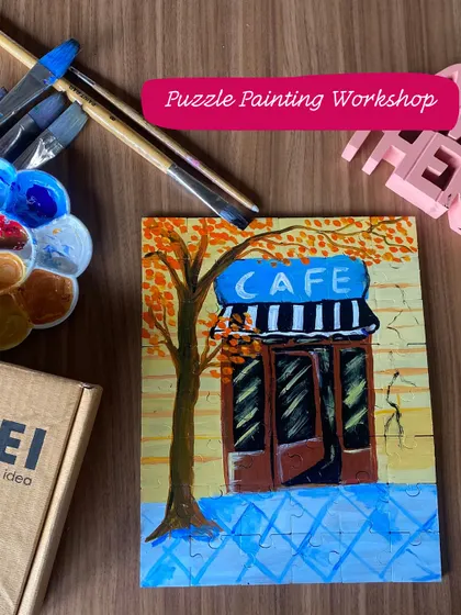 A graphic advertising our puzzle painting workshop. It's a unique art experience that combines two fun activities in one.