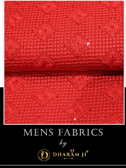 A vibrant red fabric with delicate floral embroidery. This is a fantastic choice for a festive kurta or a statement waistcoat.