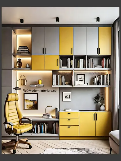 A beautiful and bold home office in grey and yellow. The geometric arrangement of the cabinets and shelves creates a dynamic and modern look with tons of storage.