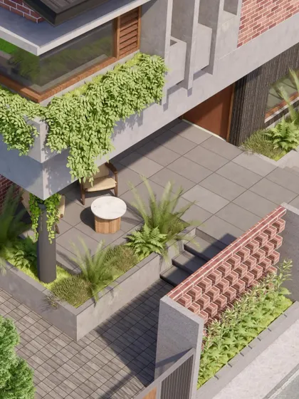 **Dwelling in Frames, Ahmedabad:** A render of the entrance patio and landscape design. This shows our vision for integrating green spaces, including planters and creepers, directly into the building's architecture.