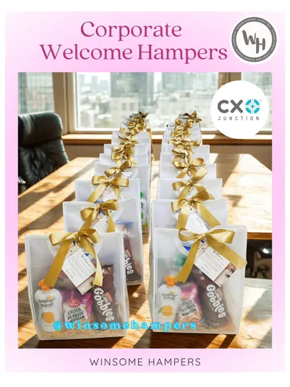 Making first impressions count with these corporate welcome hampers. The elegant gold ribbons and branded tags add a touch of class to employee onboarding.