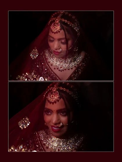 A close-up collage of the bride under her veil. The dark, intimate framing creates a mysterious and romantic mood, focusing on her expressive eyes.