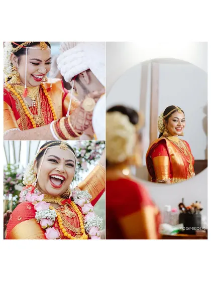 A collage of a happy South Indian bride, from getting ready to laughing during the ceremony.