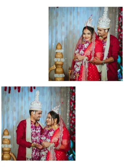 Classic portraits of the couple in their stunning red and white Bengali wedding attire.