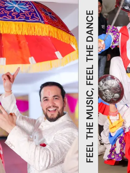 A collage showing the vibrant performers and happy guests who make a baraat so lively and energetic.