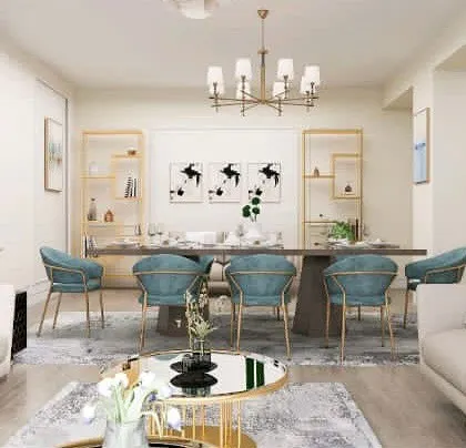 A bright and elegant open-plan living and dining room concept. The design uses a neutral color palette with pops of teal and gold for a luxurious touch.