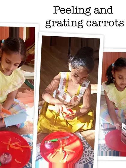 Children carefully peel and grate carrots for our canapé topping. These tasks require focus and coordination, making them excellent practical life exercises.