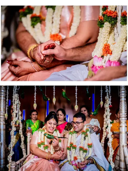 A collage of a Tamil Brahmin wedding, showing the couple on a swing (oonjal) and holding hands, key rituals of the ceremony.