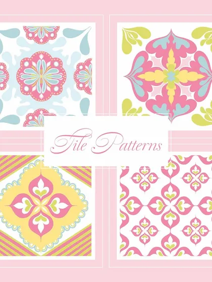 A collection of my 'Pavé Pop' tile patterns. Inspired by Mediterranean tiles but with a soft, summery pastel palette, these designs are perfect for creating a light and airy feel on fabrics, stationery, or backsplashes.