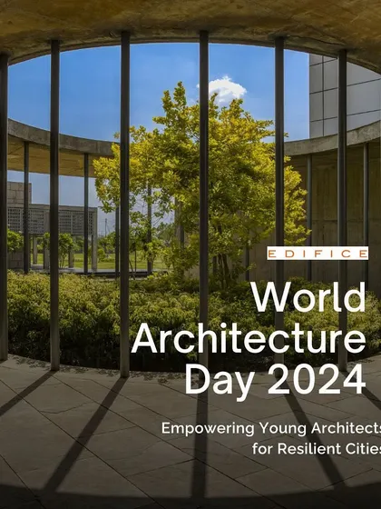 Our graphic for World Architecture Day 2024, with the theme of empowering young architects for resilient cities. The image of a tree-filled courtyard represents the green, human-centric future we aim to build.