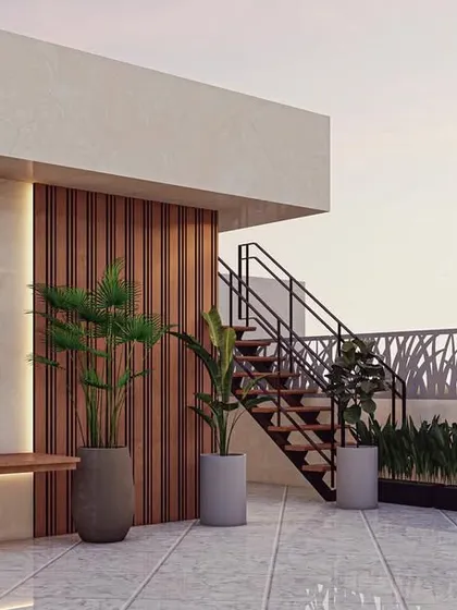 Another angle from the 3D terrace design, focusing on a quiet seating nook with a floating bench and a wall-mounted vertical garden. This shows how I create different moods and zones within a single project.
