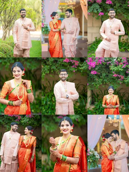 A collage showcasing the bride and groom's individual portraits and their moments together, set against the elegant backdrop of The Leela in Mumbai.