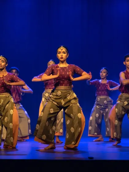 The synchronized movement of our dance troupe during 'Rasadrishta'. This show highlights our expertise in group choreography.