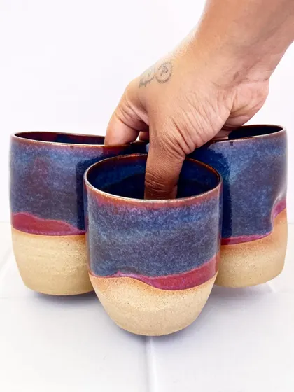 These Celestial Dunes grip mugs feature a stunning combination of glazes that create a landscape-like effect.