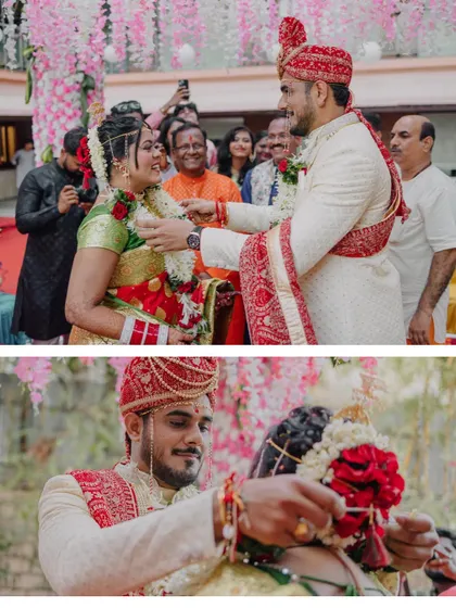 The playful moment of the varmala exchange. This collage captures the groom's fun attempt to place the garland on his bride, showcasing the joy of the ceremony.
