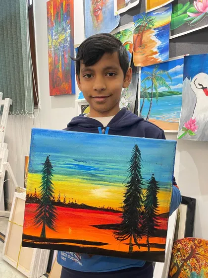 This is this student's very first canvas painting after he completed the poster color course. It's a beautiful sunset landscape that shows a successful transition to a new medium.