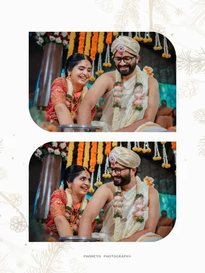 A collage of the couple participating in a fun wedding game, their smiles showing their wonderful chemistry.
