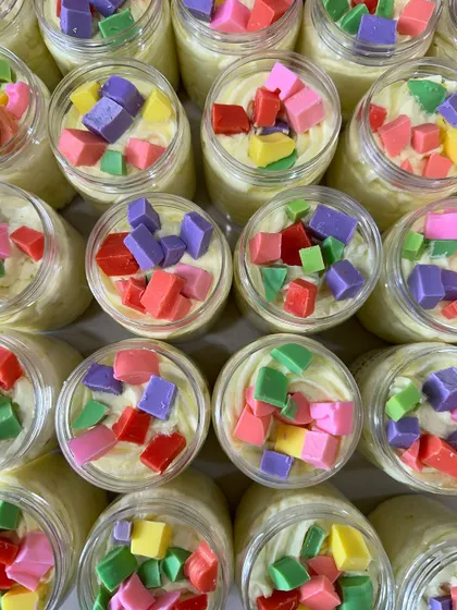 A top-down view of my colorful whipped soaps, a perfect way to brighten up any morning routine.