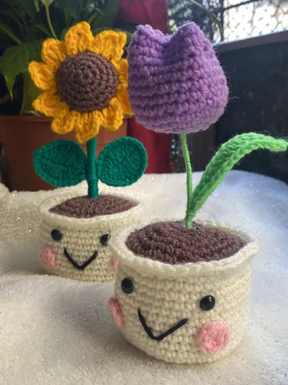 A perfect pair. This smiley sunflower and smiley tulip pot look so cute next to each other. They are a great example of how you can mix and match my designs.