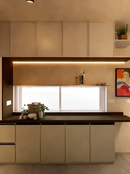 These renders showcase our designs for compact kitchens. We use warm color palettes, like champagne and mocha brown with an orange highlight, and clever layouts to create kitchen spaces that are efficient, stylish, and a joy to cook in.
