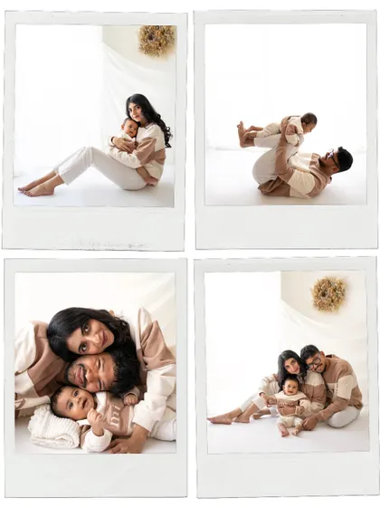 A polaroid-style collage showing different poses from a family session. This is a great way to see the variety of shots we can get, from playful to posed.