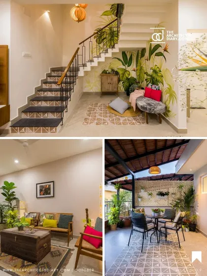 A collage from The Architect's Diary, showing the living room, staircase, and terrace of the Mathrukrupa project.