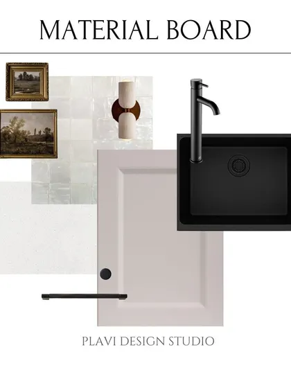 The material board for a kitchen design, showing the combination of shaker cabinets, handmade tiles, vintage art, and black fixtures to create a modern-classic feel.