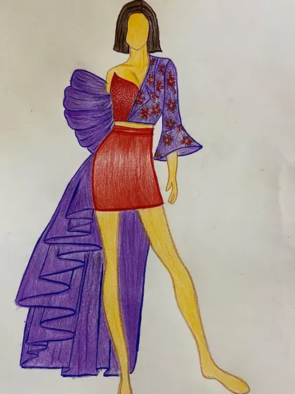 A full-figure view of the red and purple two-piece design.