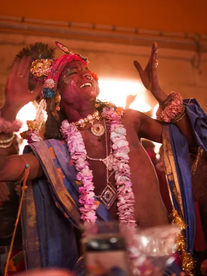 A vibrant collection of images from the Holi celebrations in Braj, specifically Nandgaon. This series captures the pure ecstasy of the festival, with portraits of devotees, men dressed as gopis, and crowds dancing in a cloud of colors.