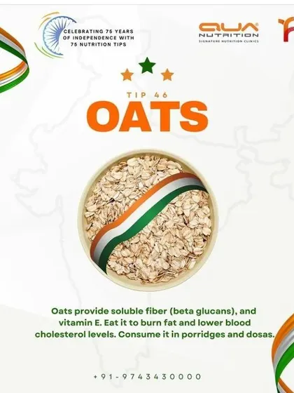 Oats are a fantastic food for heart health. They provide soluble fiber, specifically beta-glucans, which are effective at lowering blood cholesterol levels. I suggest having them as porridge or even in dosas.