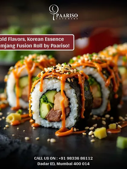 Our culinary range extends to innovative global cuisine. These Ssamjang Fusion Rolls are a perfect example, blending Korean-inspired bold flavors with the delicate art of sushi making to offer a unique and memorable appetizer for your event.