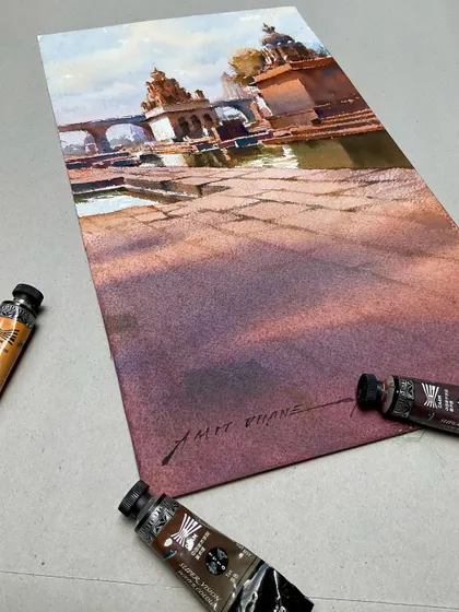 A watercolour study sketch of a temple by the water. I focused on the reflections and the intricate architecture.