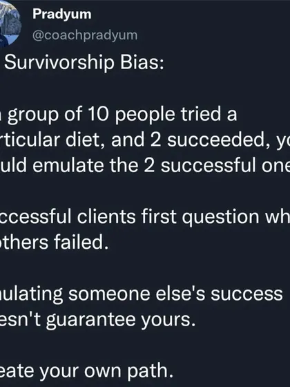 My most successful clients are the ones who master their mindset. They avoid common cognitive biases like the 'All-or-Nothing' mindset, 'Survivorship Bias', and the 'Sunk Cost Fallacy'. This series of posts breaks down the mental traps that derail progress and how to avoid them.