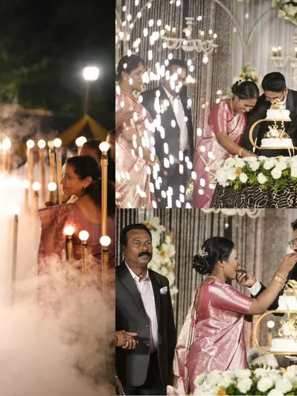 Grand entrances and shared moments are the highlights of any reception. We created a dramatic smoky entry for Roshan and followed it with a beautiful cake-cutting ceremony surrounded by family, complete with cold pyro effects for that extra sparkle.