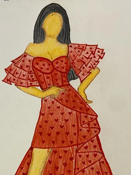 A closer view of the red heart-print gown illustration.