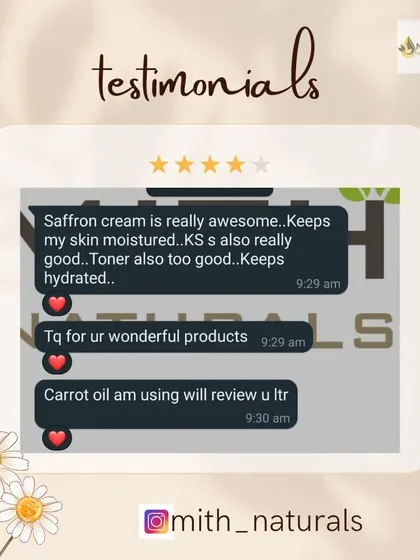A wonderful testimonial for my Saffron Cream, Kumkumadi Serum (KS), and Toner. The customer says her skin feels moisturized and hydrated, which is perfect.