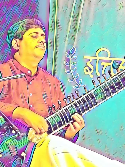 A colorful, artistic rendition of a performance photo.