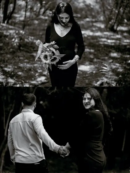 A dramatic black and white collage from a forest shoot. It pairs a solo portrait of the mom-to-be with a "follow me" shot, creating a moody and artistic feel.