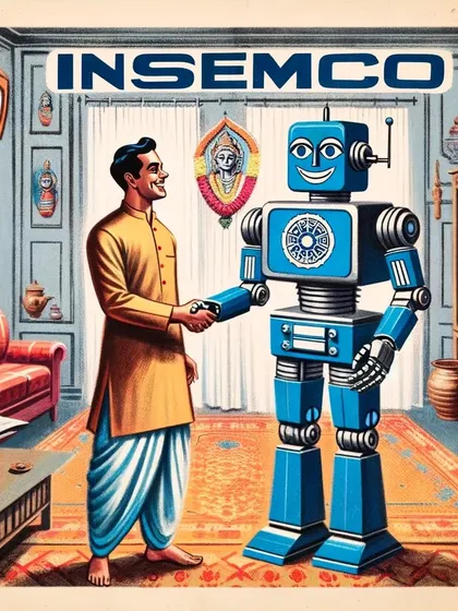 An illustration showing a man shaking hands with an INSEMCO robot in a traditional Indian living room. This highlights the moment of acceptance and integration of the technology.