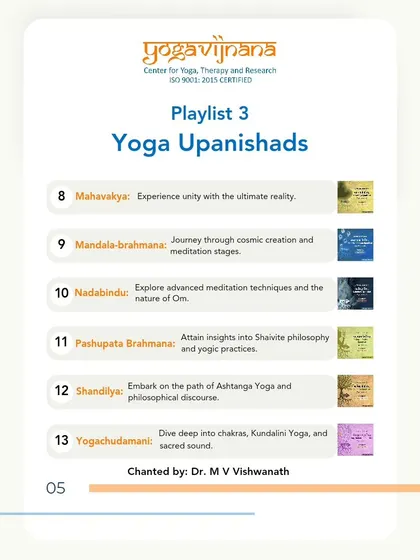 A graphic showcasing the second part of Playlist 3: Yoga Upanishads, including Mahavakya, Mandala-brahmana, and Nadabindu.