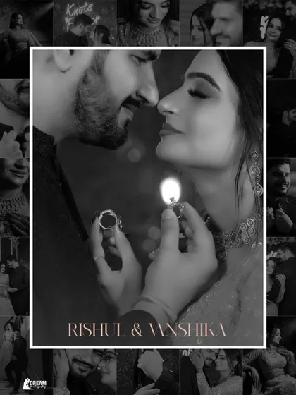 A beautiful black and white collage of Rishul and Vanshika, with a central image of them holding their rings.