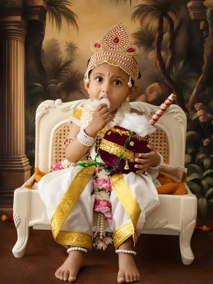 A playful shot of our little Krishna "eating" butter from a prop pot. These fun moments make for memorable photos.