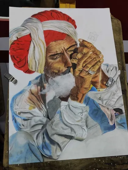 The portrait in progress after 14 days of work. You can see the layers building up, from the base colors of the turban to the detailed wrinkles on the skin.
