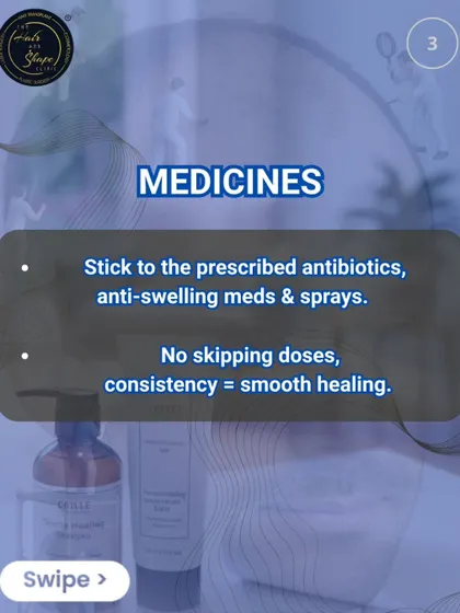Post-transplant care tip 3: Medicines. Consistency is key. Stick to the prescribed antibiotics, anti-swelling meds, and sprays without skipping doses for smooth healing.