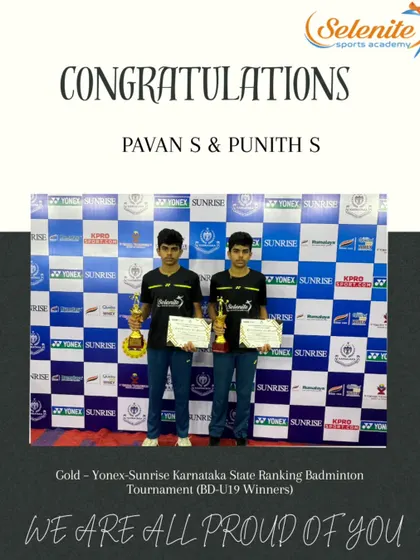 Pavan S & Punith S celebrating their Gold medal win in the BD-U19 category at the Karnataka State Ranking tournament.
